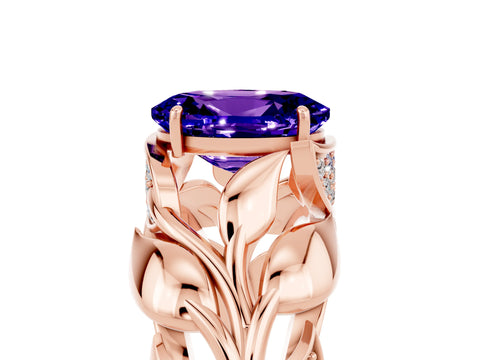 Rose gold Oval Cut Solitaire Leaf-Inspired Engagement Ring with Prong Setting_5