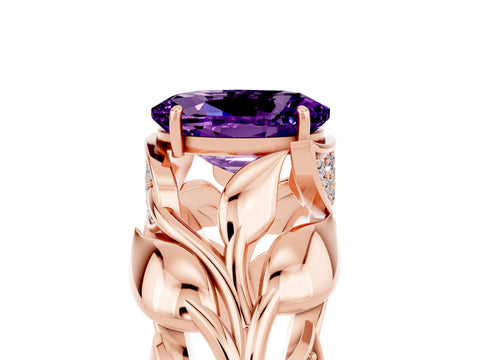Rose gold Oval Cut Solitaire Leaf-Inspired Engagement Ring with Prong Setting_5