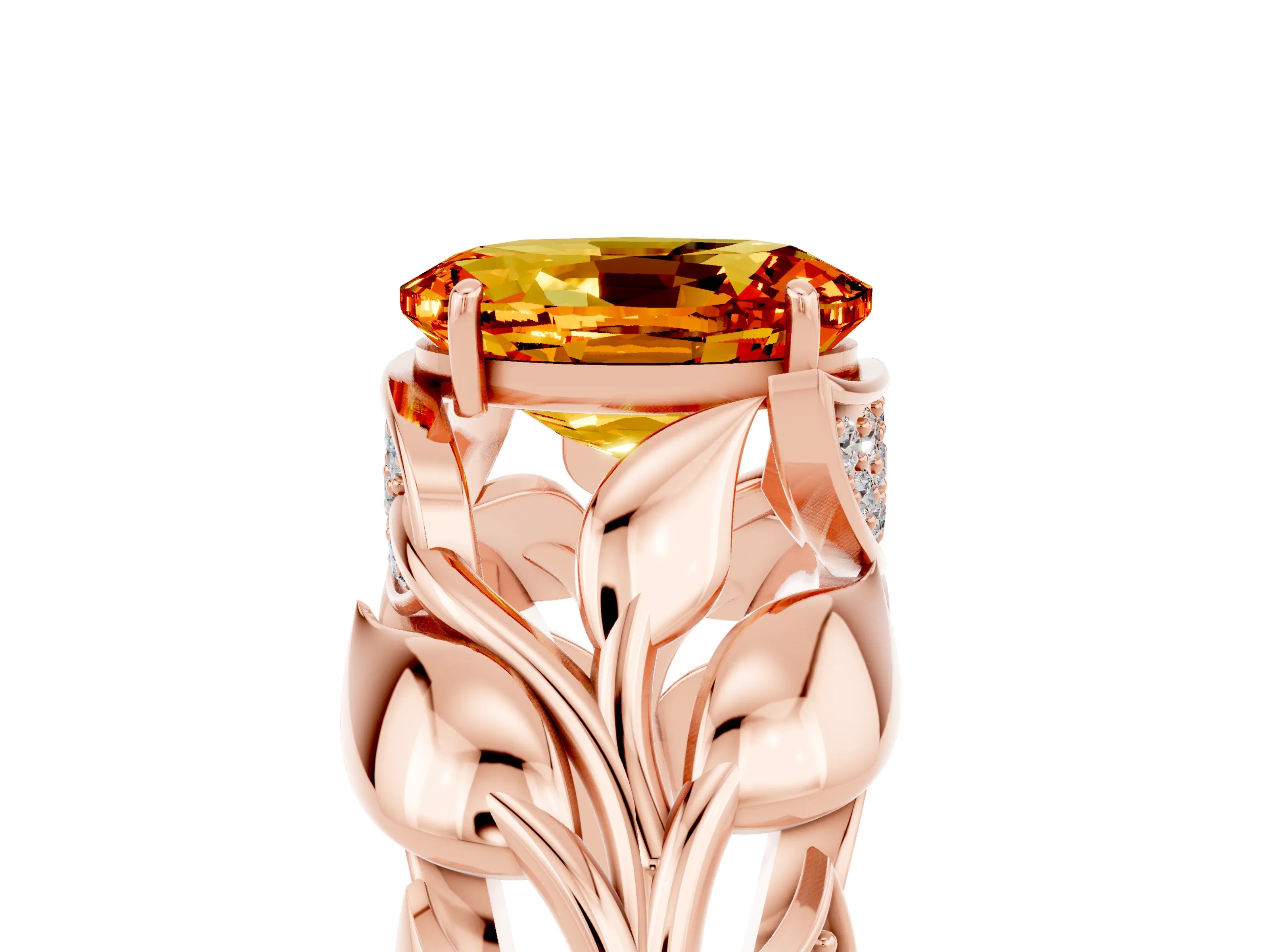 Rose gold Oval Cut Solitaire Leaf-Inspired Engagement Ring with Prong Setting_5