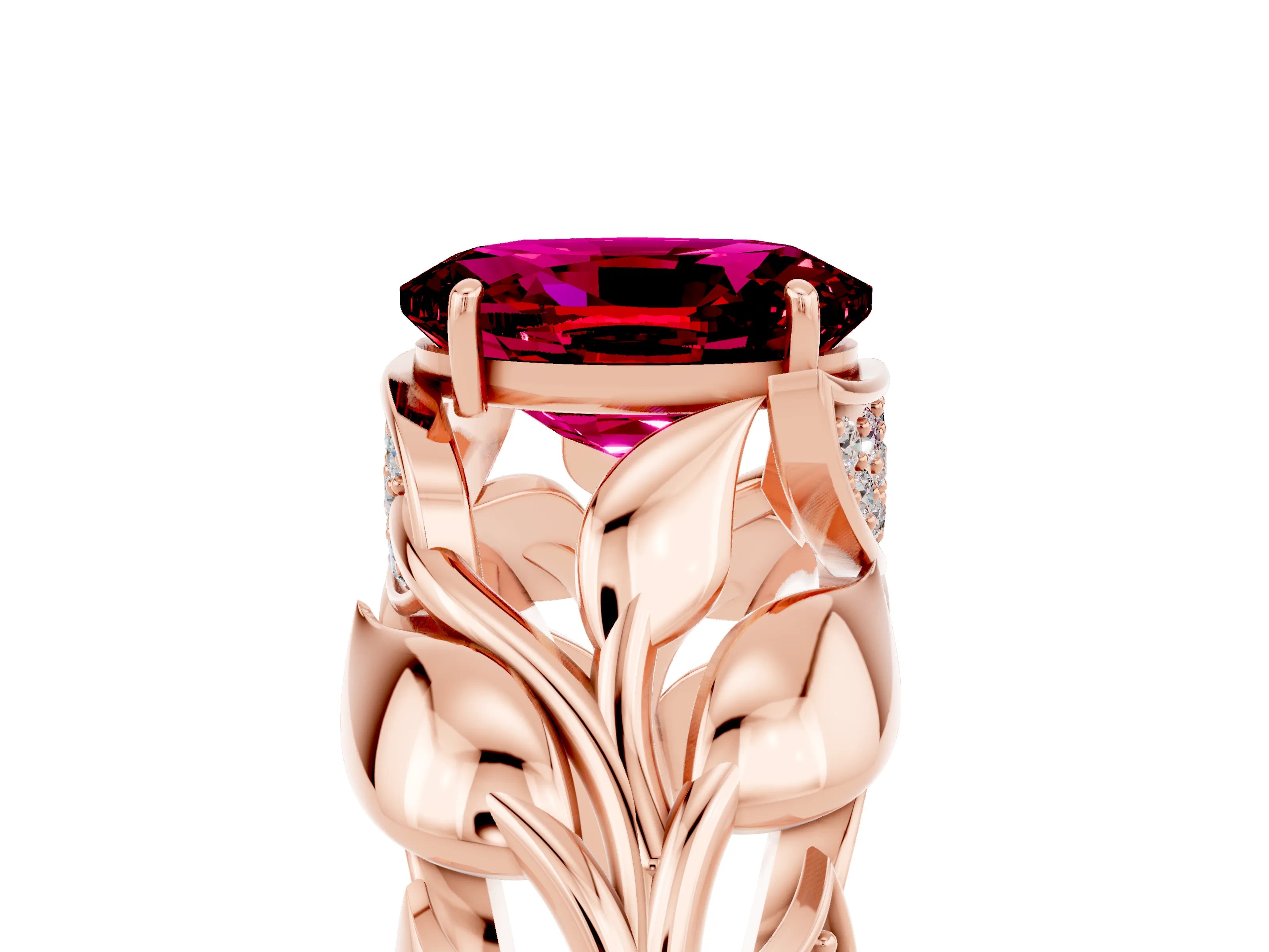 Rose gold Oval Cut Solitaire Leaf-Inspired Engagement Ring with Prong Setting_5