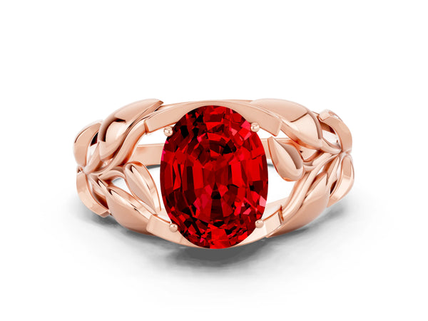 Rose gold Oval Cut Ruby Leaf-Inspired Engagement Ring with Round Accents and Prong Setting