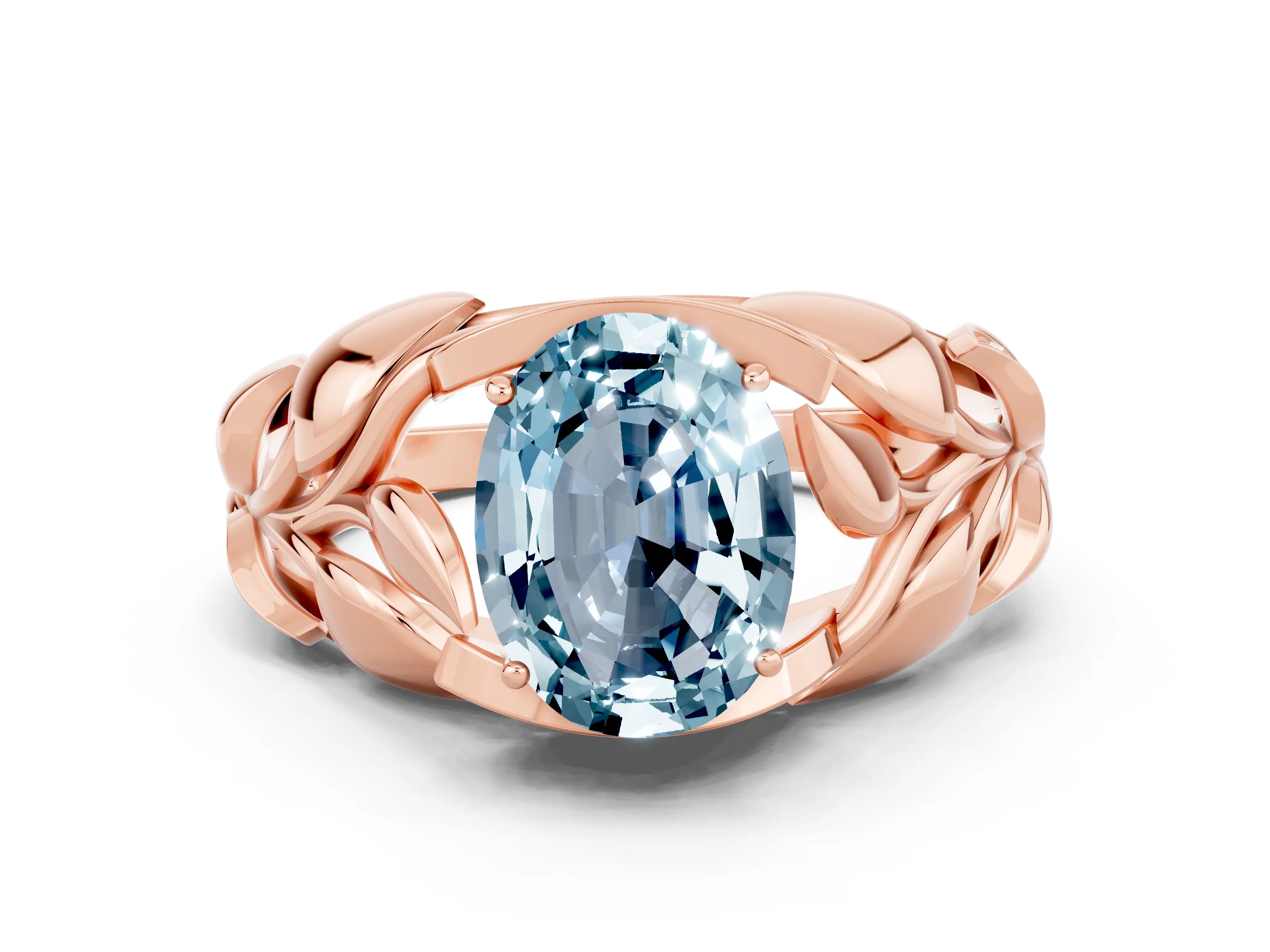 Rose gold Oval Cut Solitaire Leaf-Inspired Engagement Ring with Prong Setting