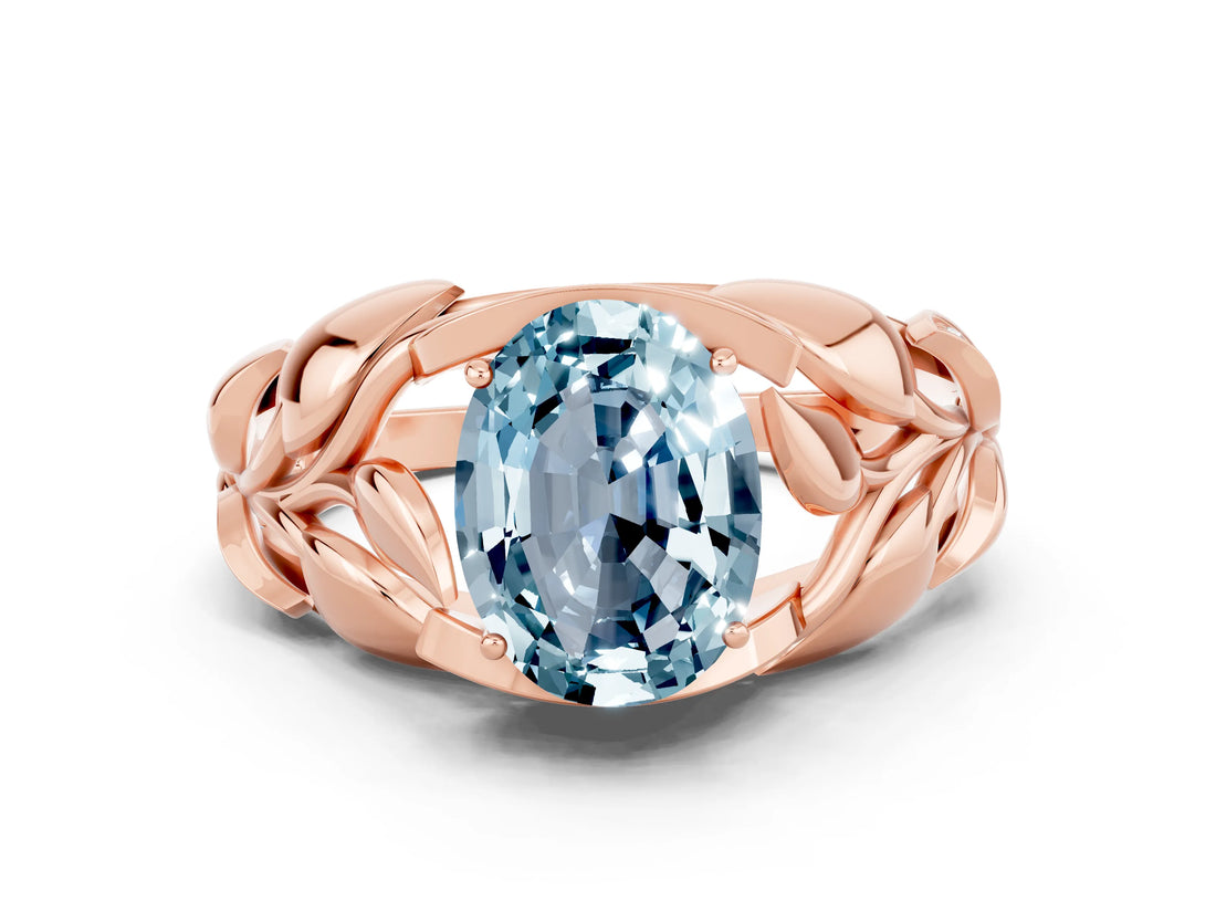 Rose gold Oval Cut Solitaire Leaf-Inspired Engagement Ring with Prong Setting