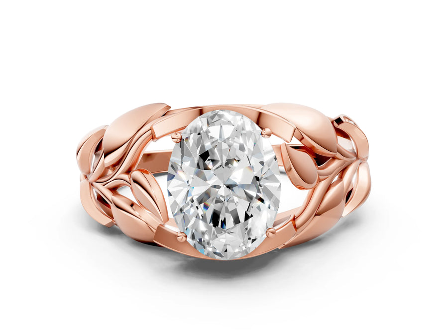 Rose gold Oval Cut Solitaire Leaf-Inspired Engagement Ring with Prong Setting