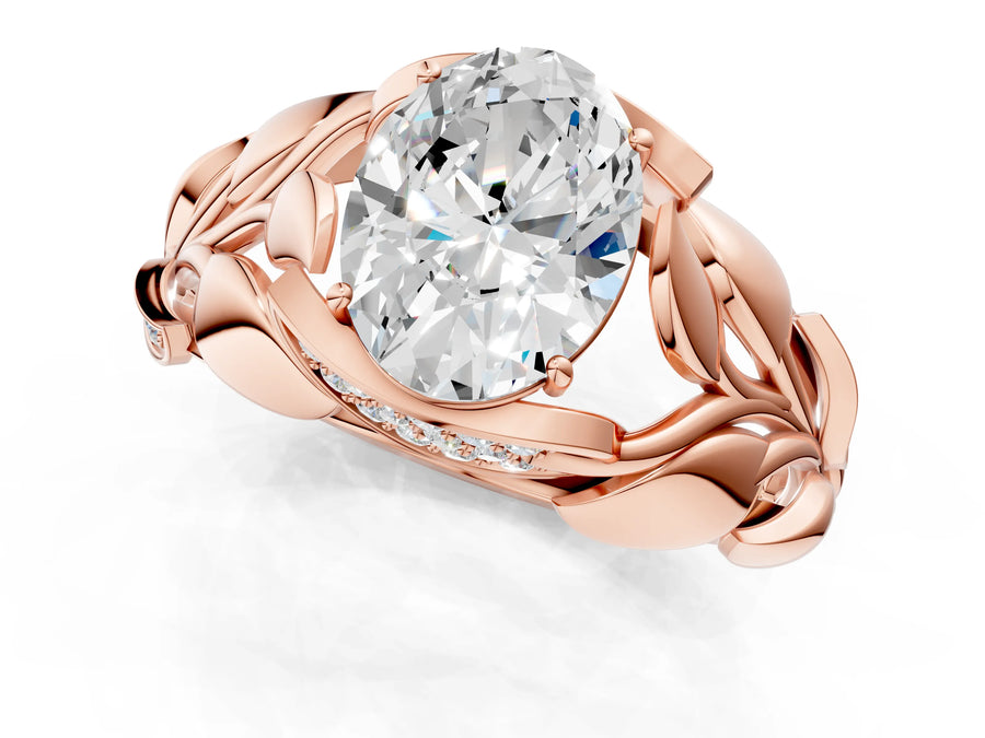 Rose gold Oval Cut Solitaire Leaf-Inspired Engagement Ring with Prong Setting