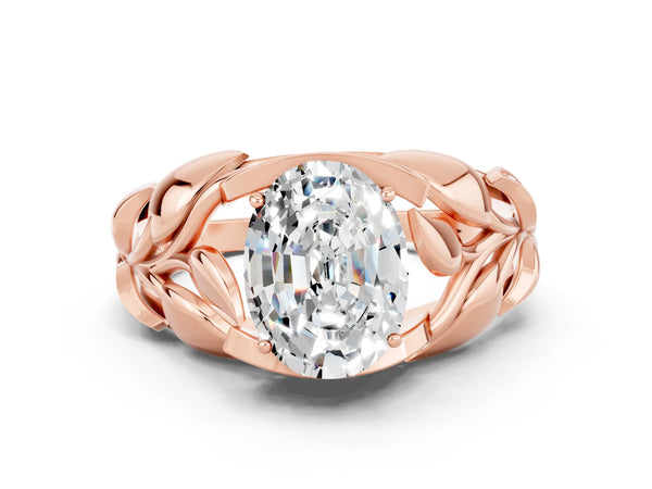 Rose gold Oval Cut Moissanite Leaf-Inspired Engagement Ring with Round Accents and Prong Setting