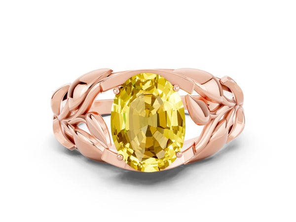 Rose gold Oval Cut Yellow Sapphire Leaf-Inspired Engagement Ring with Round Accents and Prong Setting