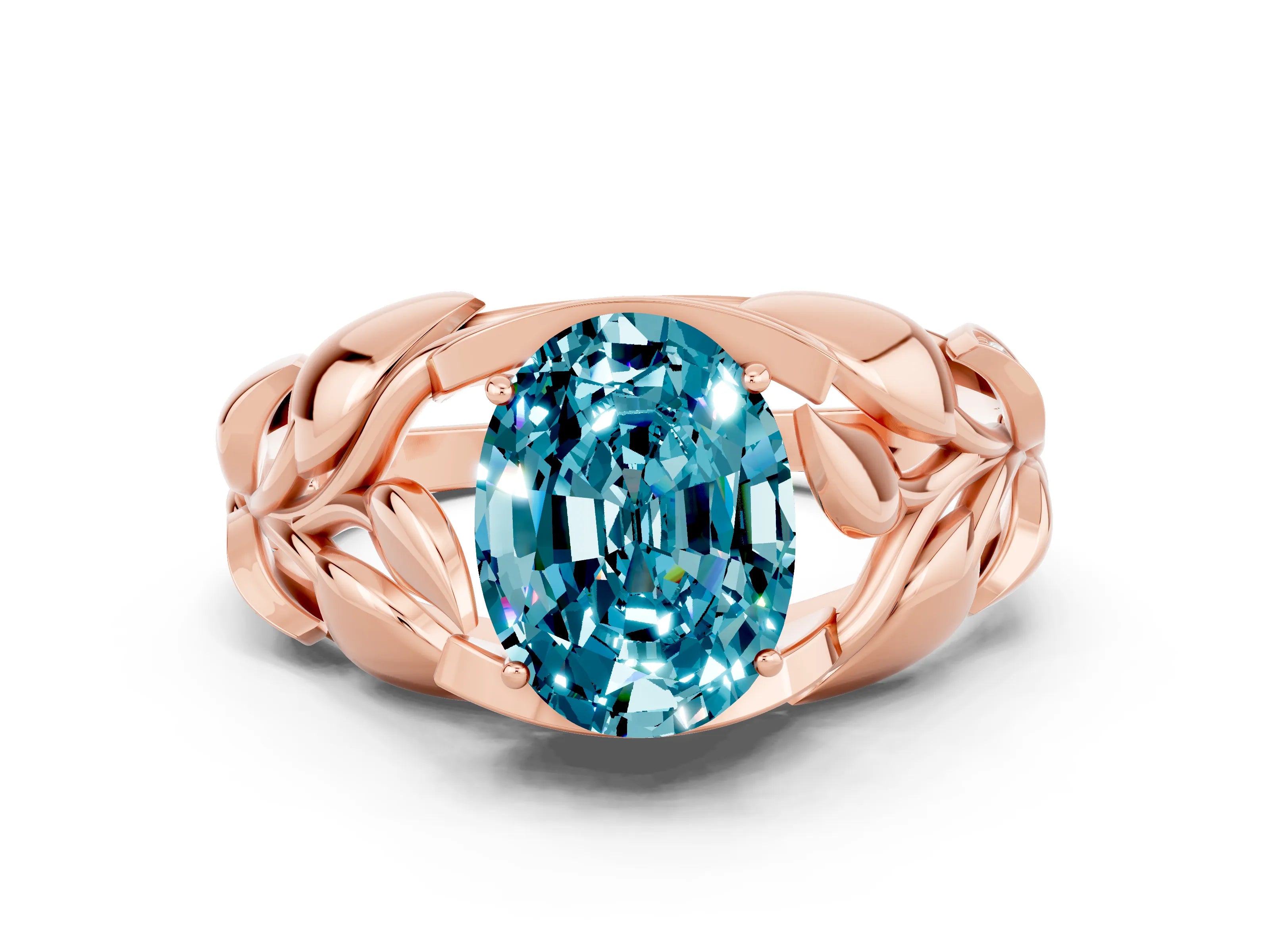 Rose gold Oval Cut Solitaire Leaf-Inspired Engagement Ring with Prong Setting