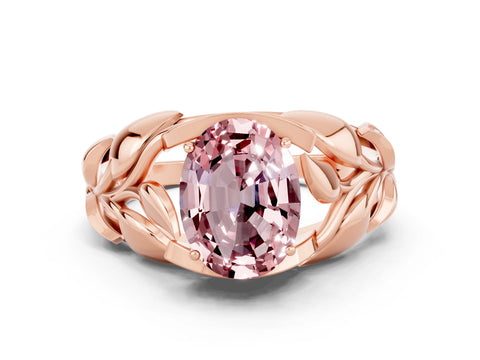 Rose gold Oval Cut Solitaire Leaf-Inspired Engagement Ring with Prong Setting