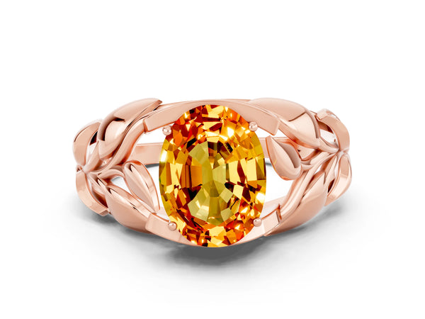 Rose gold Oval Cut Citrine Leaf-Inspired Engagement Ring with Round Accents and Prong Setting