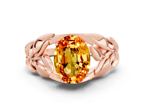 Rose gold Oval Cut Solitaire Leaf-Inspired Engagement Ring with Prong Setting