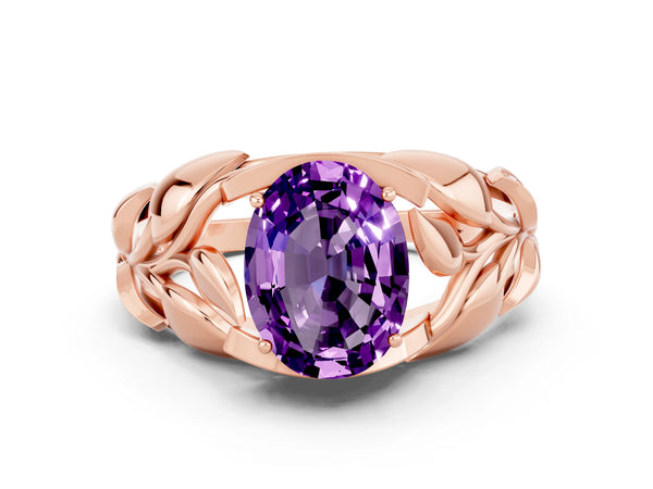 Rose gold Oval Cut Amethyst Leaf-Inspired Engagement Ring with Round Accents and Prong Setting