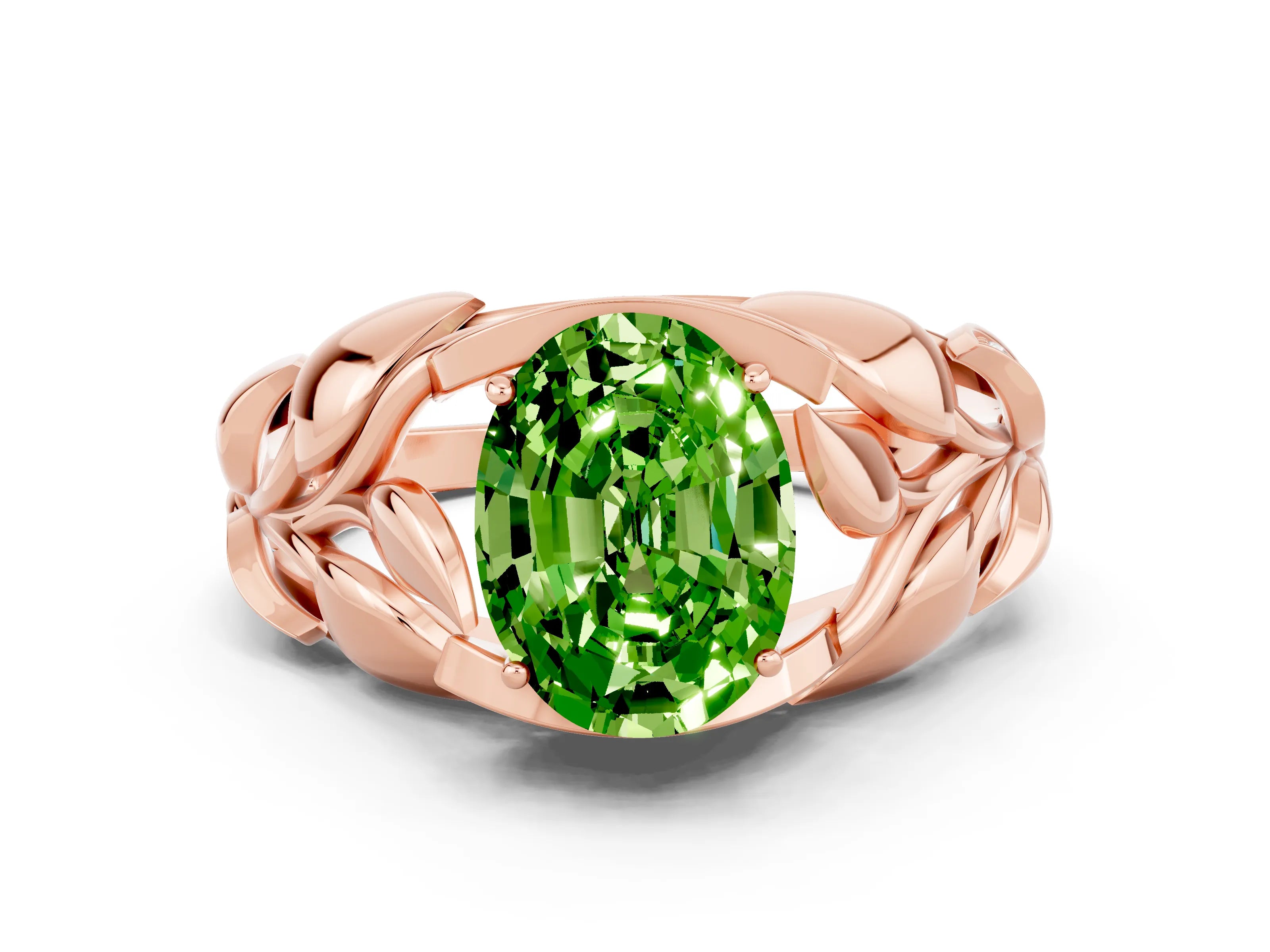 Rose gold Oval Cut Solitaire Leaf-Inspired Engagement Ring with Prong Setting