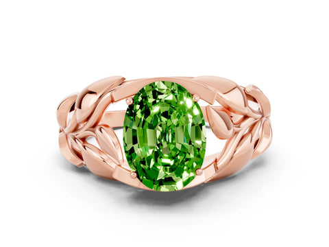 Rose gold Oval Cut Solitaire Leaf-Inspired Engagement Ring with Prong Setting