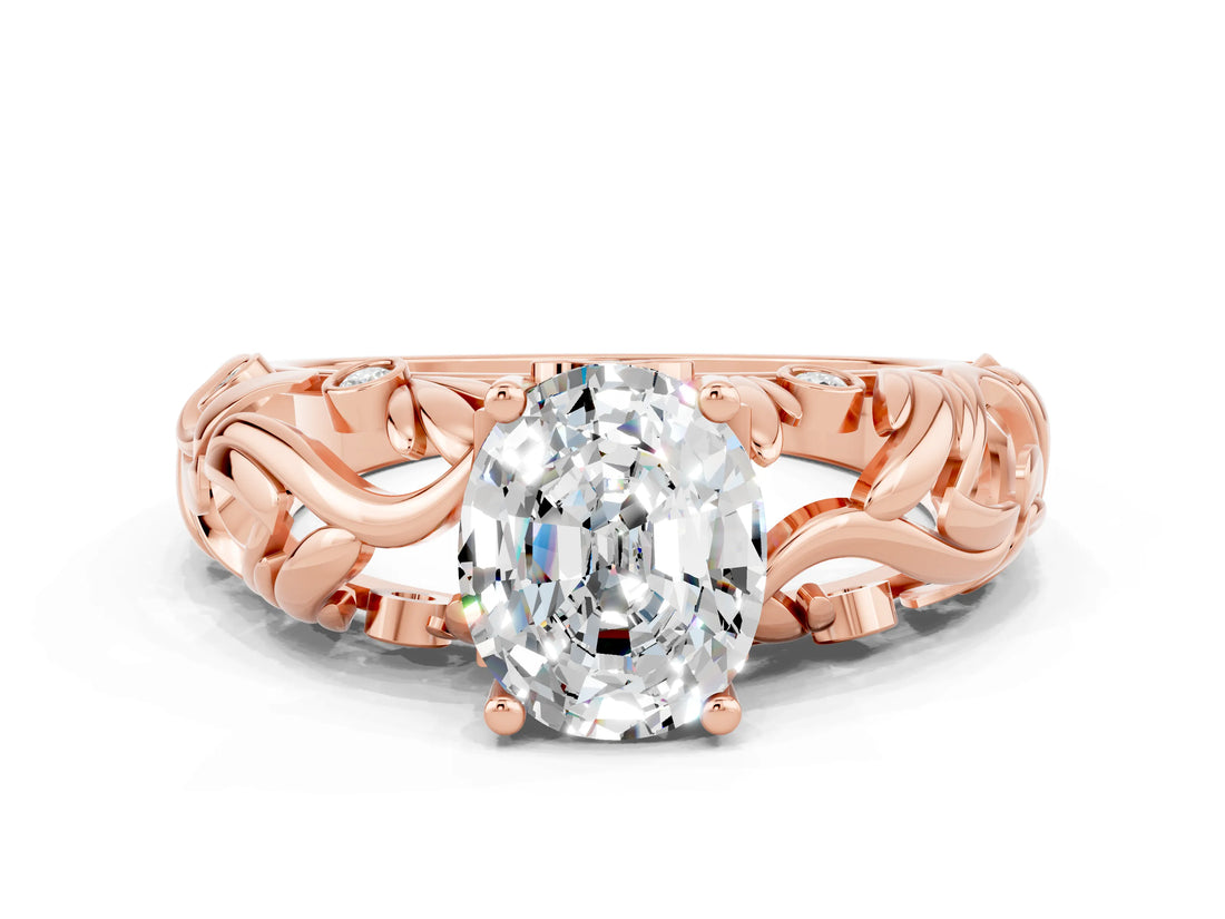 Rose gold Oval Cut Solitaire Moissanite Leaf-Inspired Vine Band Ring with Prong Setting