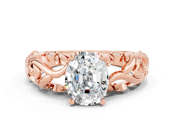 Rose gold Oval Cut Solitaire Moissanite Leaf-Inspired Vine Band Ring with Prong Setting