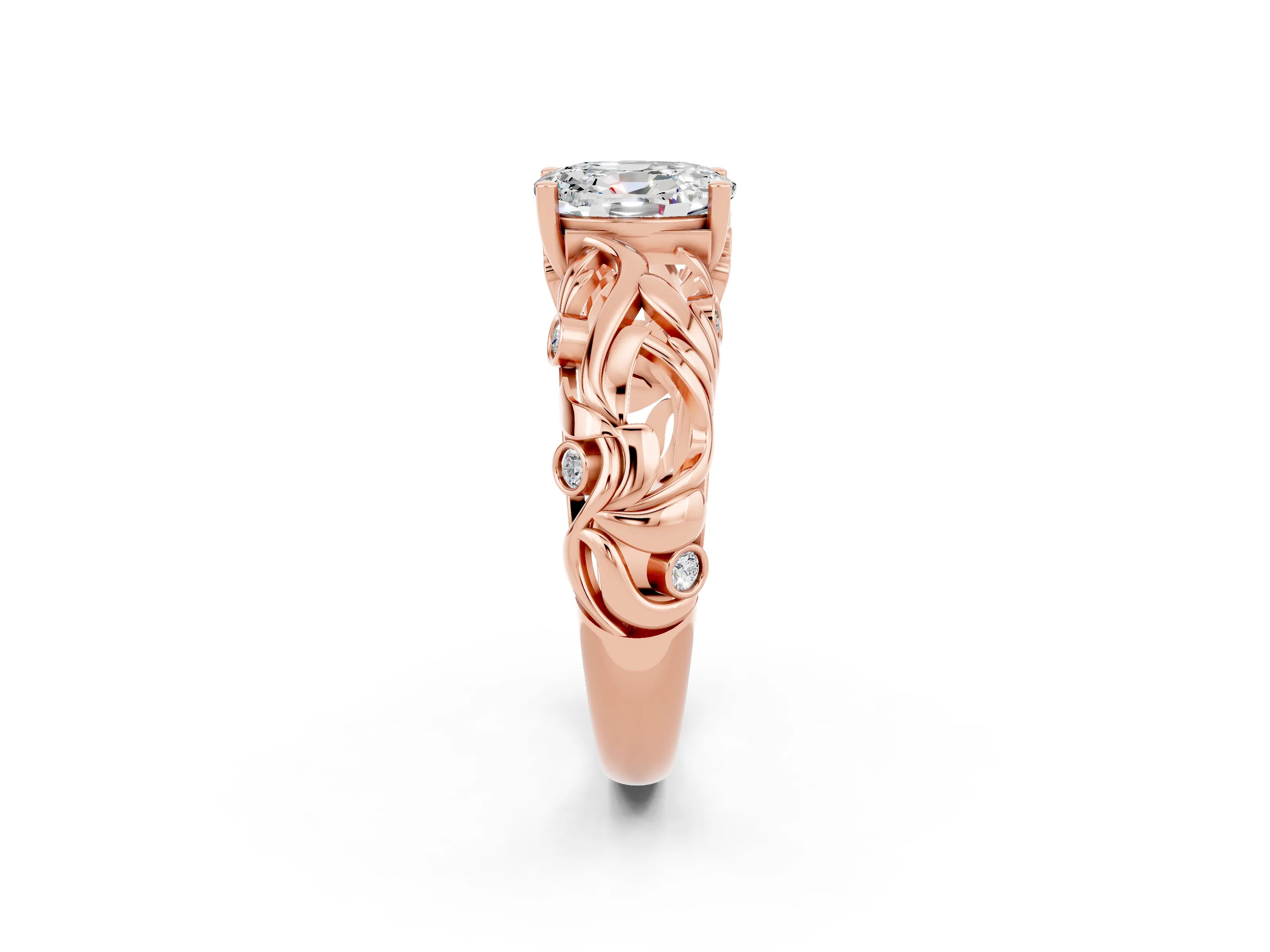 Rose gold Oval Cut Solitaire Moissanite Leaf-Inspired Vine Band Ring with Prong Setting_2