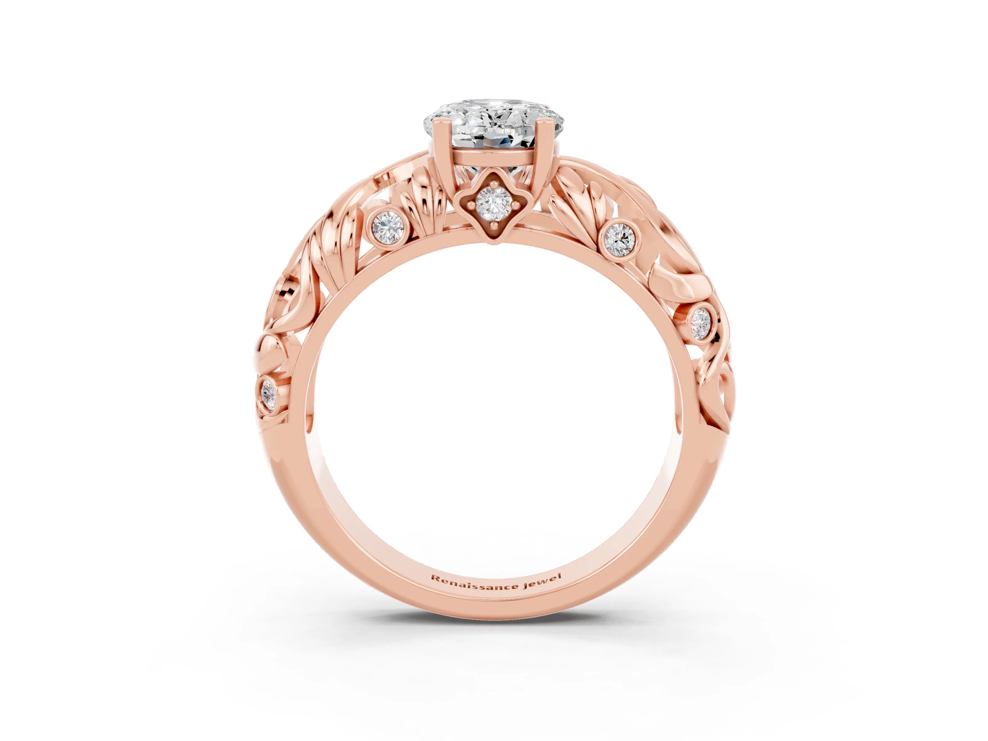 Rose gold Oval Cut Solitaire Moissanite Leaf-Inspired Vine Band Ring with Prong Setting_3