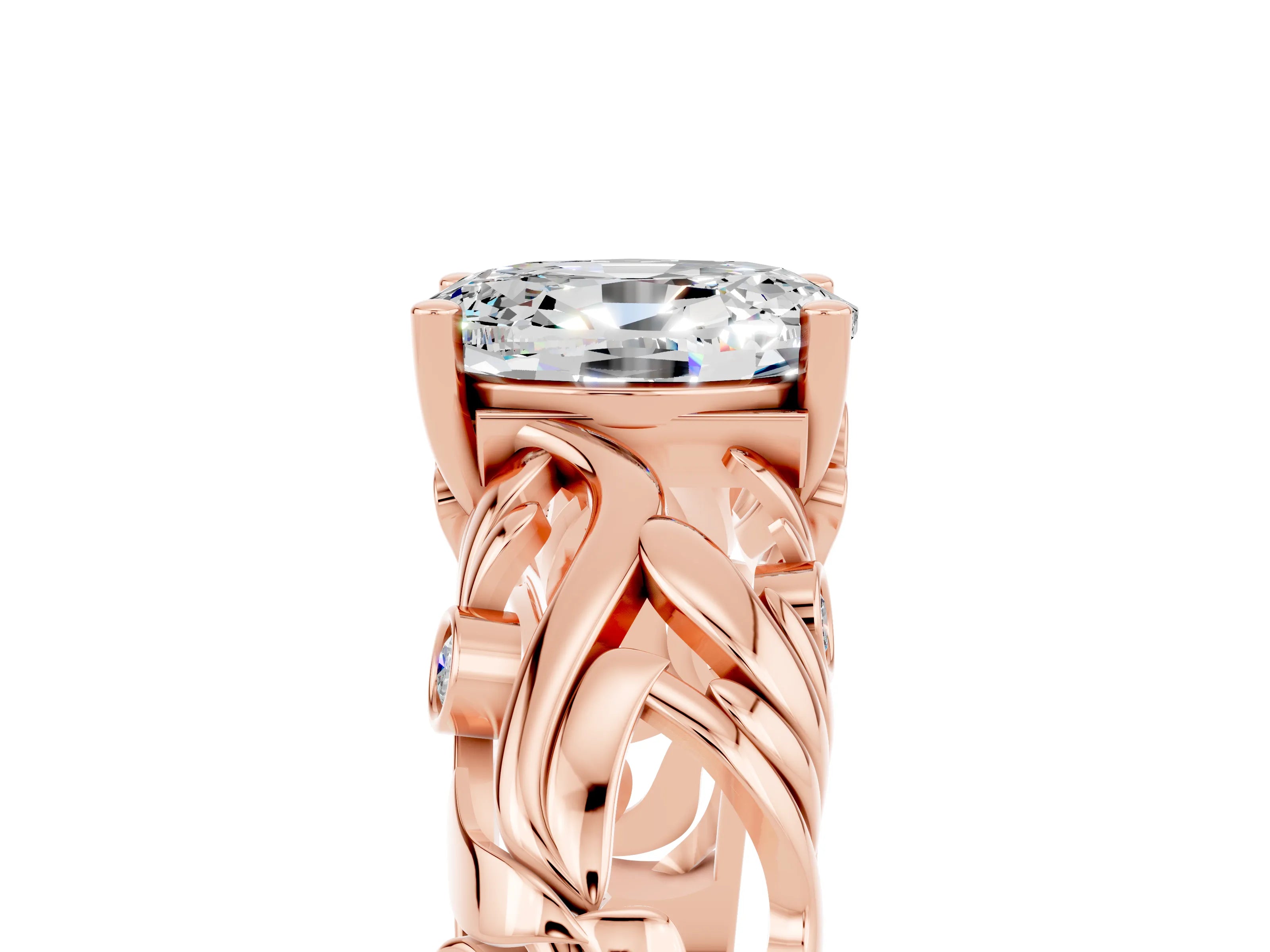 Rose gold Oval Cut Solitaire Moissanite Leaf-Inspired Vine Band Ring with Prong Setting_5