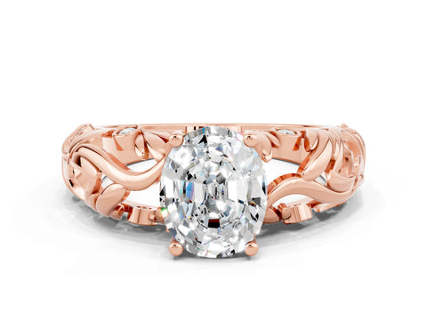 Rose gold Oval Cut Solitaire Moissanite Leaf-Inspired Vine Band Ring with Prong Setting