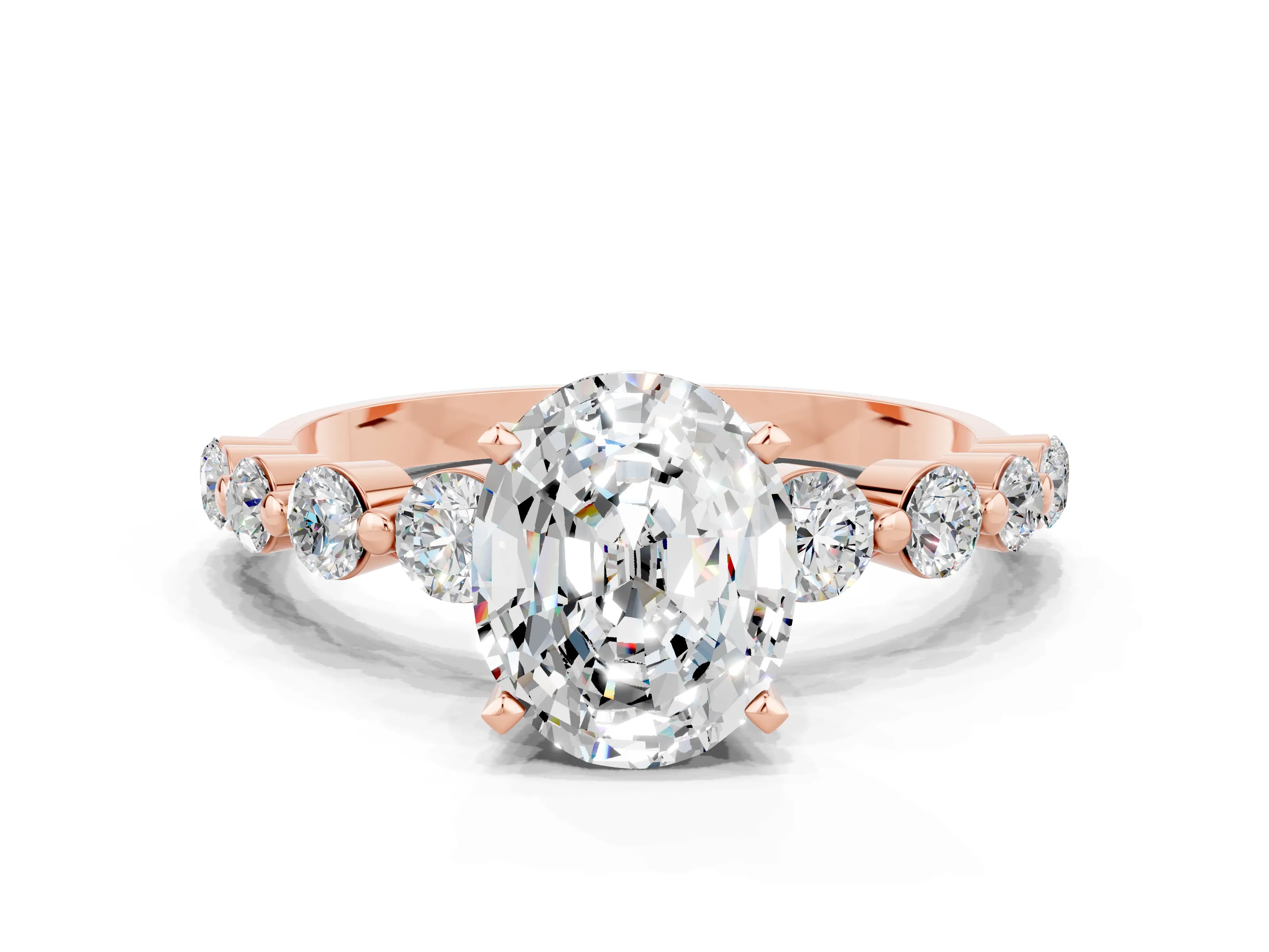 Rose gold Oval Cut Solitaire Moissanite Ring with Pave Band and Four-Prong Setting