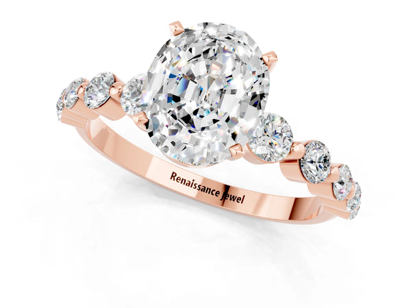 Rose gold Oval Cut Solitaire Moissanite Ring with Pave Band and Four-Prong Setting
