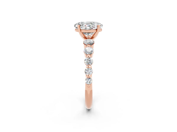 Rose gold Oval Cut Solitaire Moissanite Ring with Pave Band and Four-Prong Setting