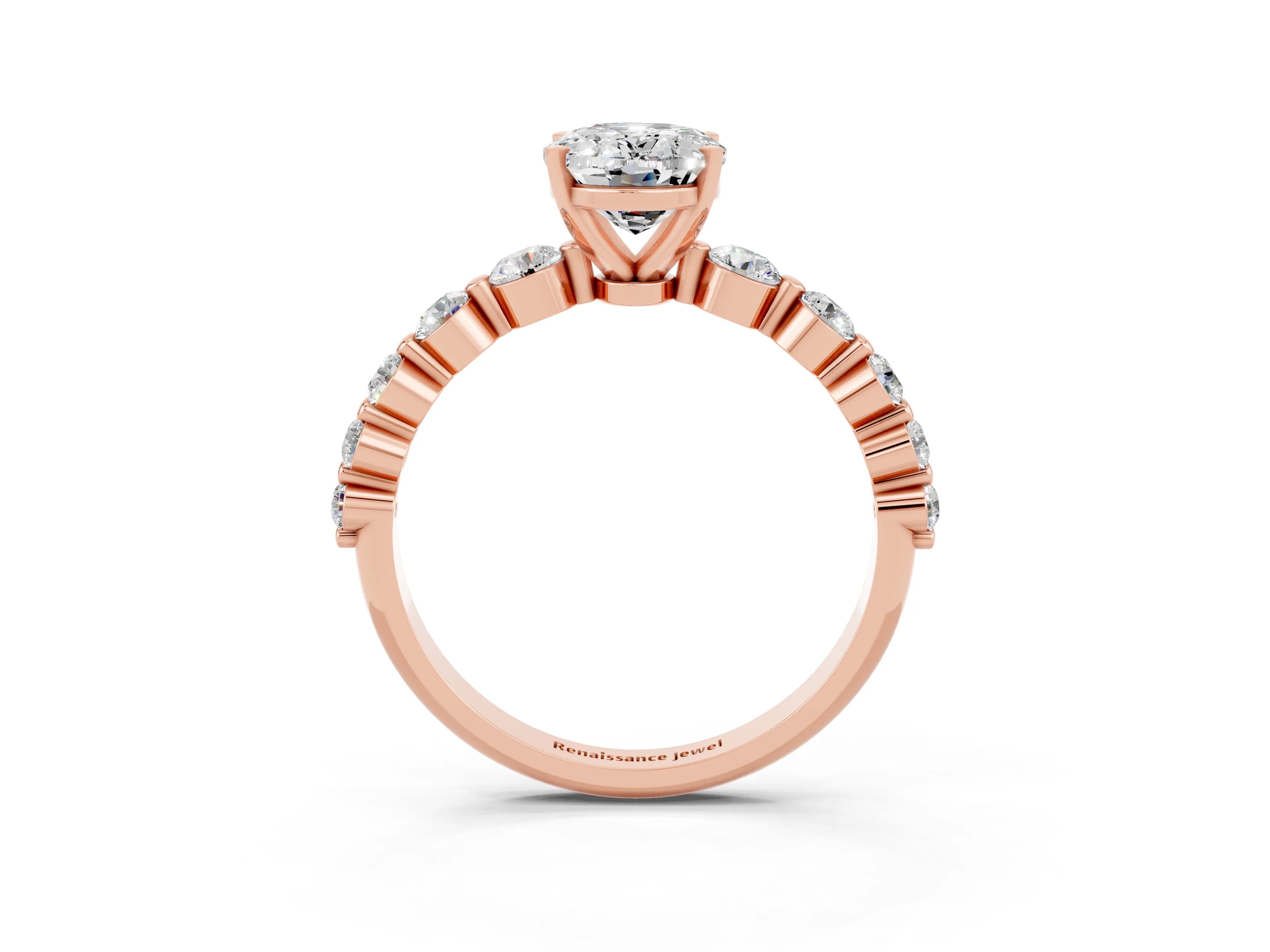 Rose gold Oval Cut Solitaire Moissanite Ring with Pave Band and Four-Prong Setting_3