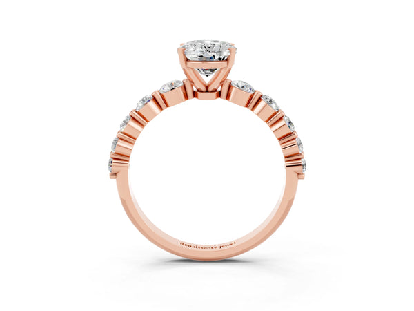 Rose gold Oval Cut Solitaire Moissanite Ring with Pave Band and Four-Prong Setting