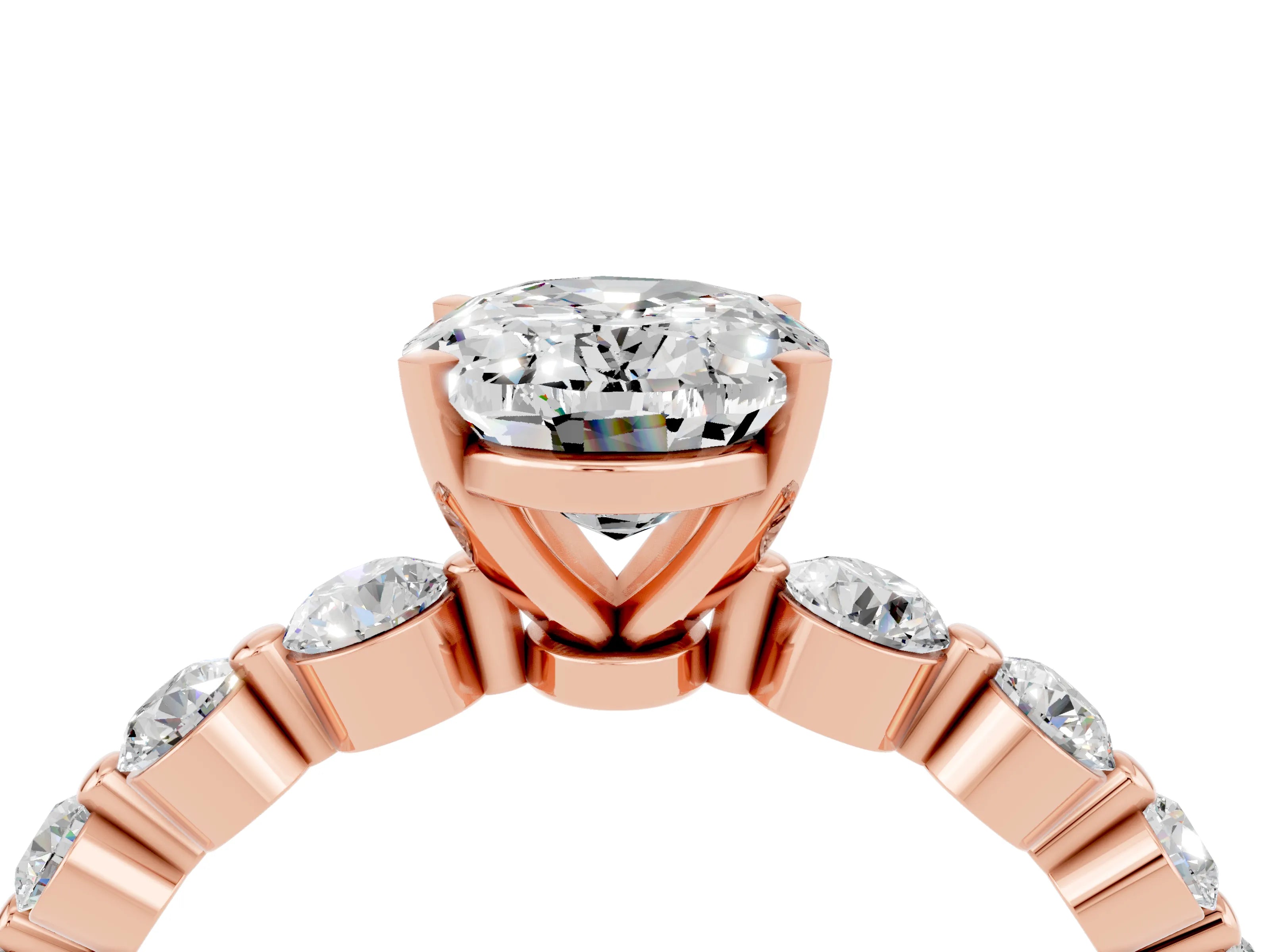 Rose gold Oval Cut Solitaire Moissanite Ring with Pave Band and Four-Prong Setting_4