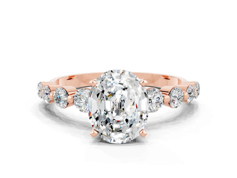 Rose gold Oval Cut Solitaire Moissanite Ring with Pave Band and Four-Prong Setting