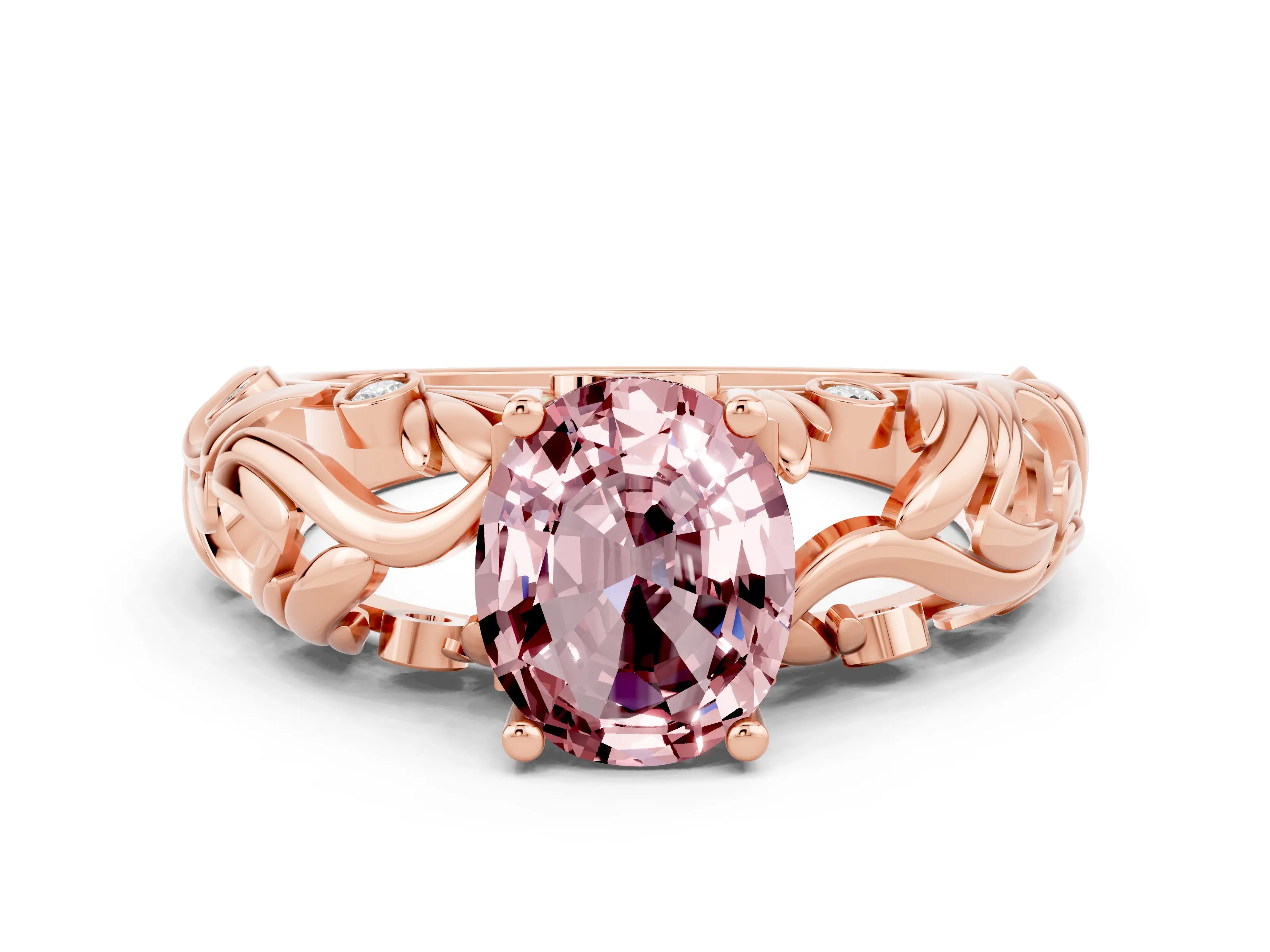 Rose gold Oval Cut Solitaire Morganite Leaf-Inspired Vine Band Ring with Prong Setting