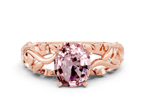 Rose gold Oval Cut Solitaire Morganite Leaf-Inspired Vine Band Ring with Prong Setting