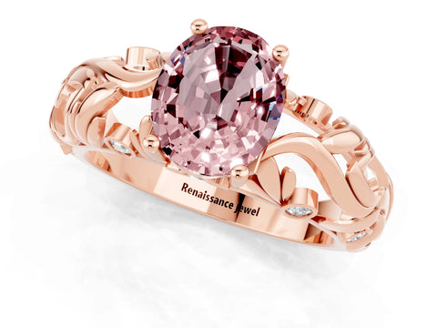 Rose gold Oval Cut Solitaire Morganite Leaf-Inspired Vine Band Ring with Prong Setting_1