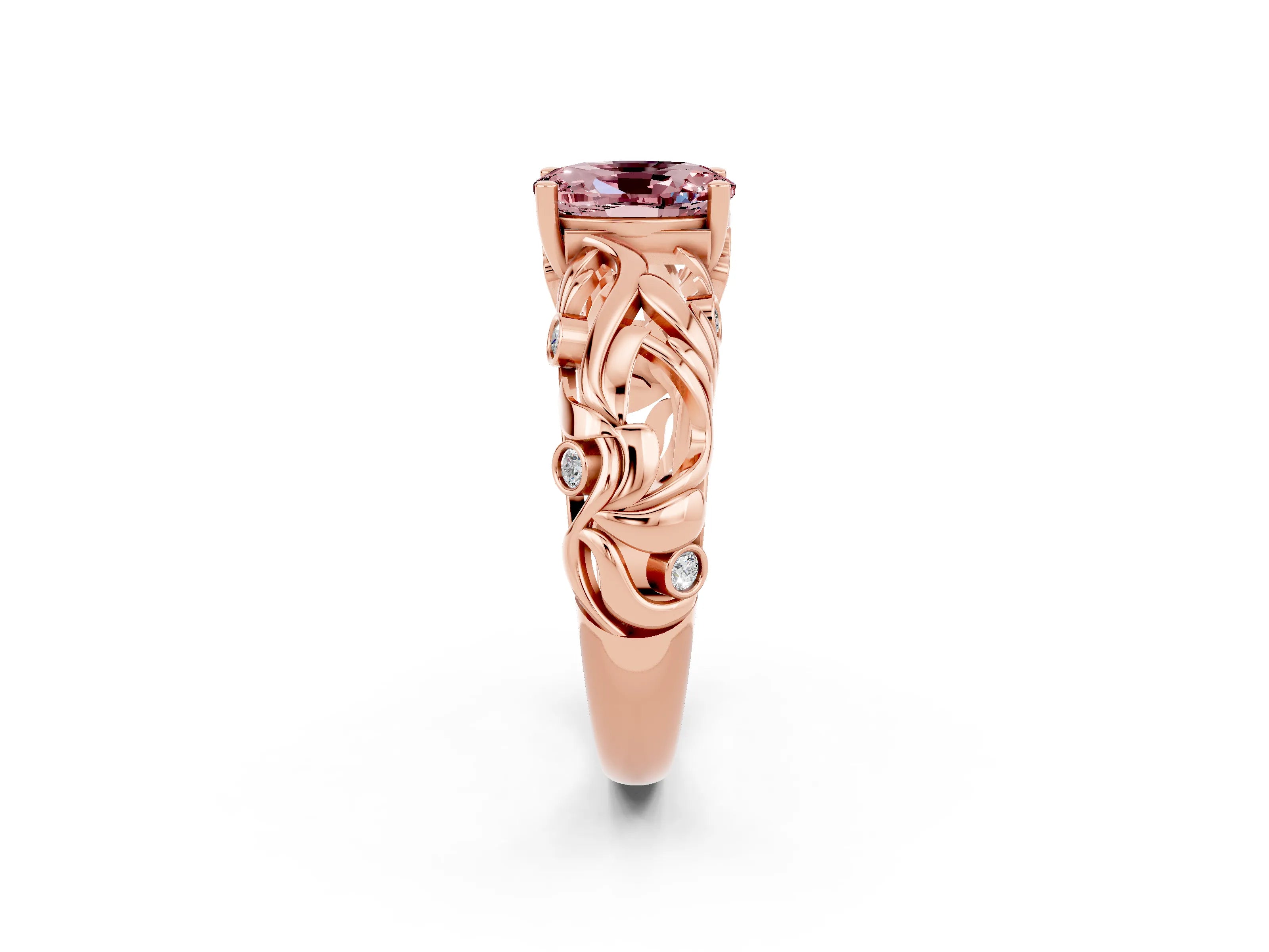 Rose gold Oval Cut Solitaire Morganite Leaf-Inspired Vine Band Ring with Prong Setting_2