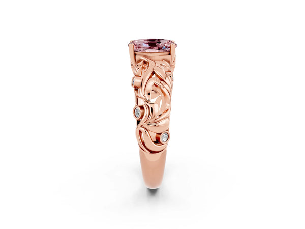 Rose gold Oval Cut Solitaire Morganite Leaf-Inspired Vine Band Ring with Prong Setting