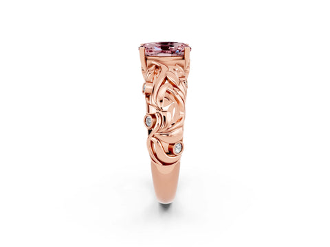 Rose gold Oval Cut Solitaire Morganite Leaf-Inspired Vine Band Ring with Prong Setting_2