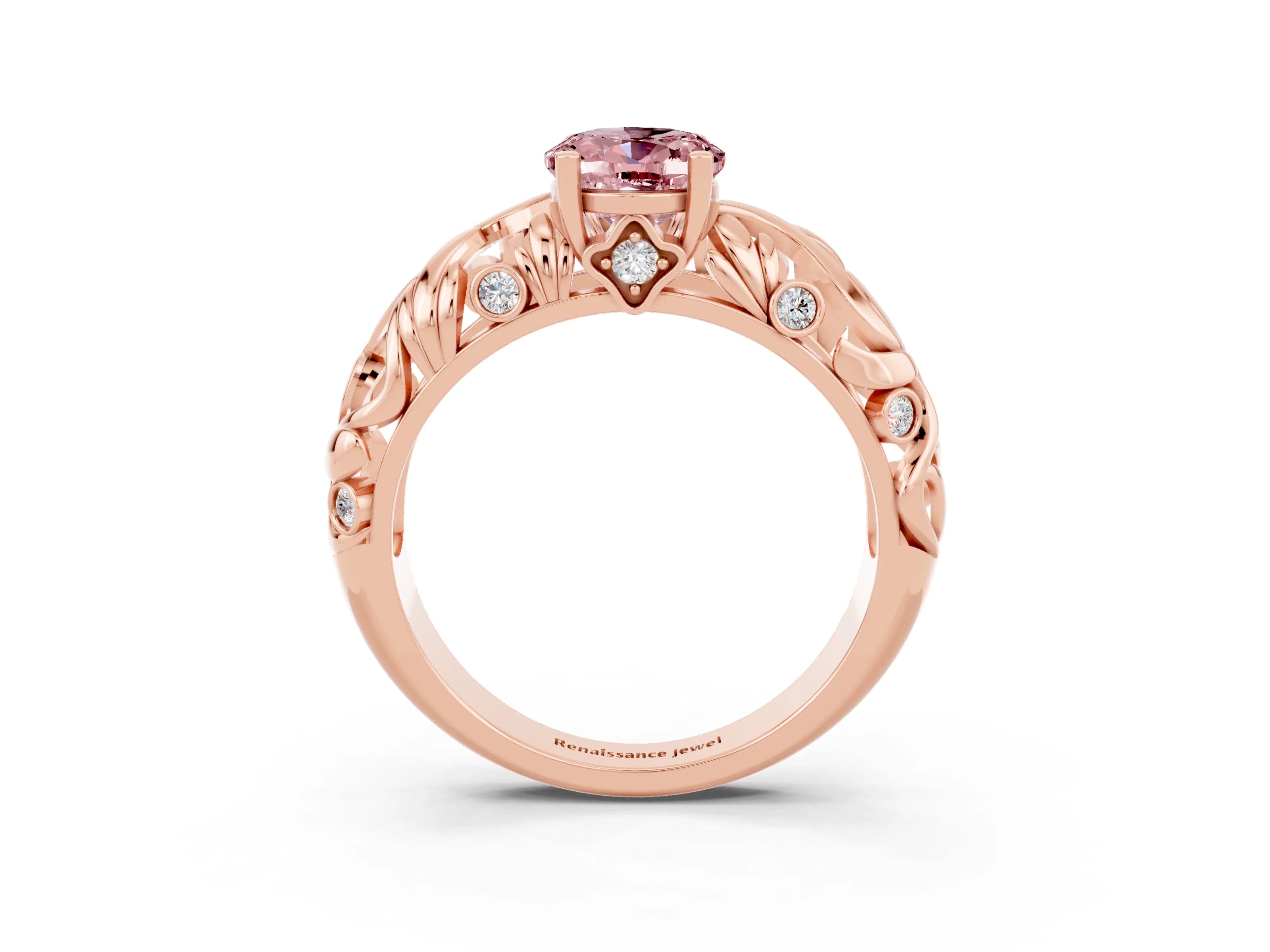 Rose gold Oval Cut Solitaire Morganite Leaf-Inspired Vine Band Ring with Prong Setting_3
