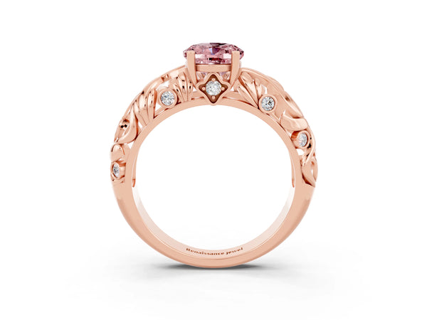 Rose gold Oval Cut Solitaire Morganite Leaf-Inspired Vine Band Ring with Prong Setting