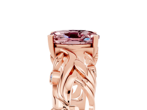 Rose gold Oval Cut Solitaire Morganite Leaf-Inspired Vine Band Ring with Prong Setting_5