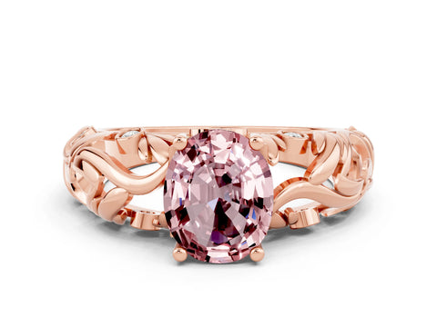 Rose gold Oval Cut Solitaire Morganite Leaf-Inspired Vine Band Ring with Prong Setting