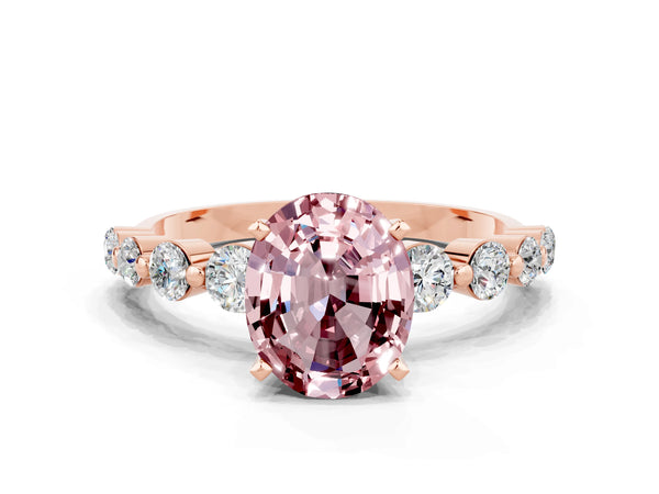 Rose gold Oval Cut Solitaire Morganite Ring with Pave Band and Four-Prong Setting