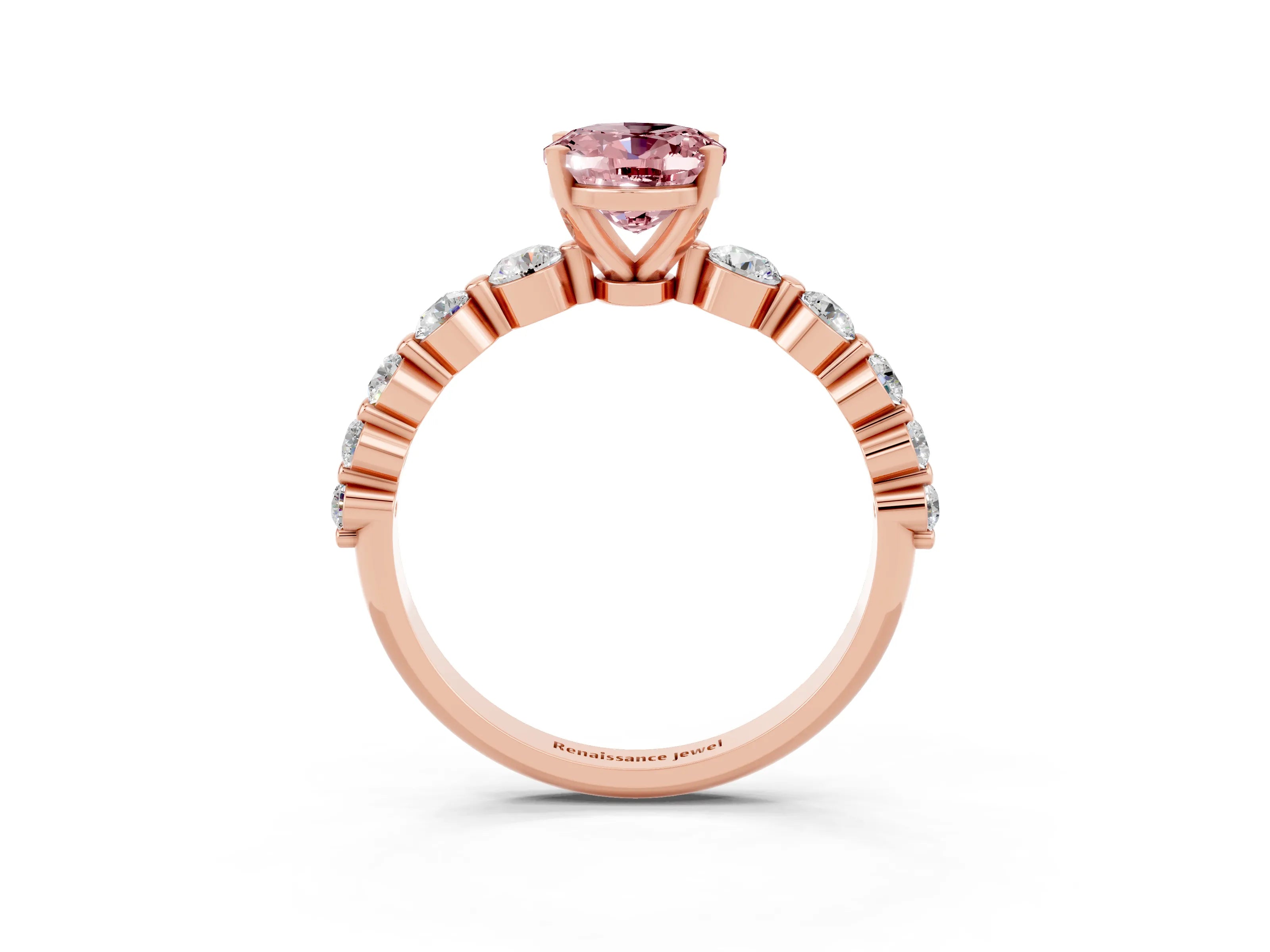 Rose gold Oval Cut Solitaire Morganite Ring with Pave Band and Four-Prong Setting_3