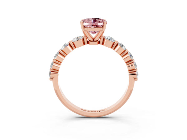 Rose gold Oval Cut Solitaire Morganite Ring with Pave Band and Four-Prong Setting