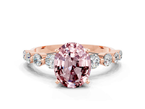 Rose gold Oval Cut Solitaire Morganite Ring with Pave Band and Four-Prong Setting