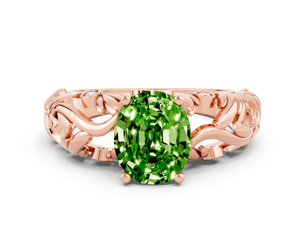 Rose gold Oval Cut Solitaire Peridot Leaf-Inspired Vine Band Ring with Prong Setting