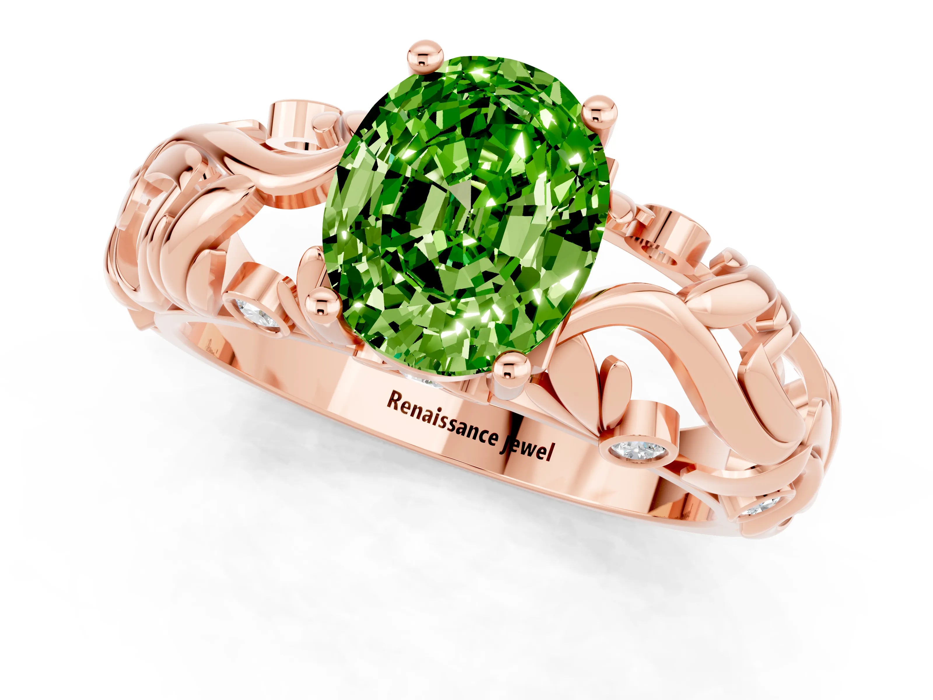 Rose gold Oval Cut Solitaire Peridot Leaf-Inspired Vine Band Ring with Prong Setting_1