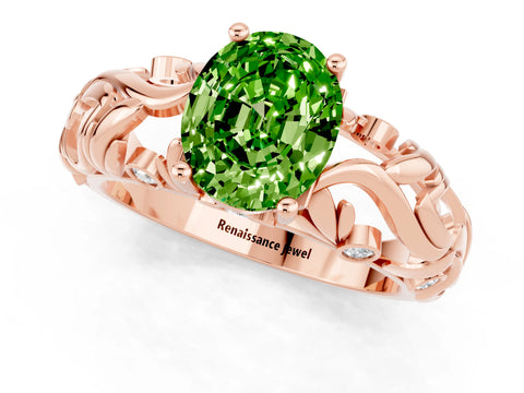 Rose gold Oval Cut Solitaire Peridot Leaf-Inspired Vine Band Ring with Prong Setting_1