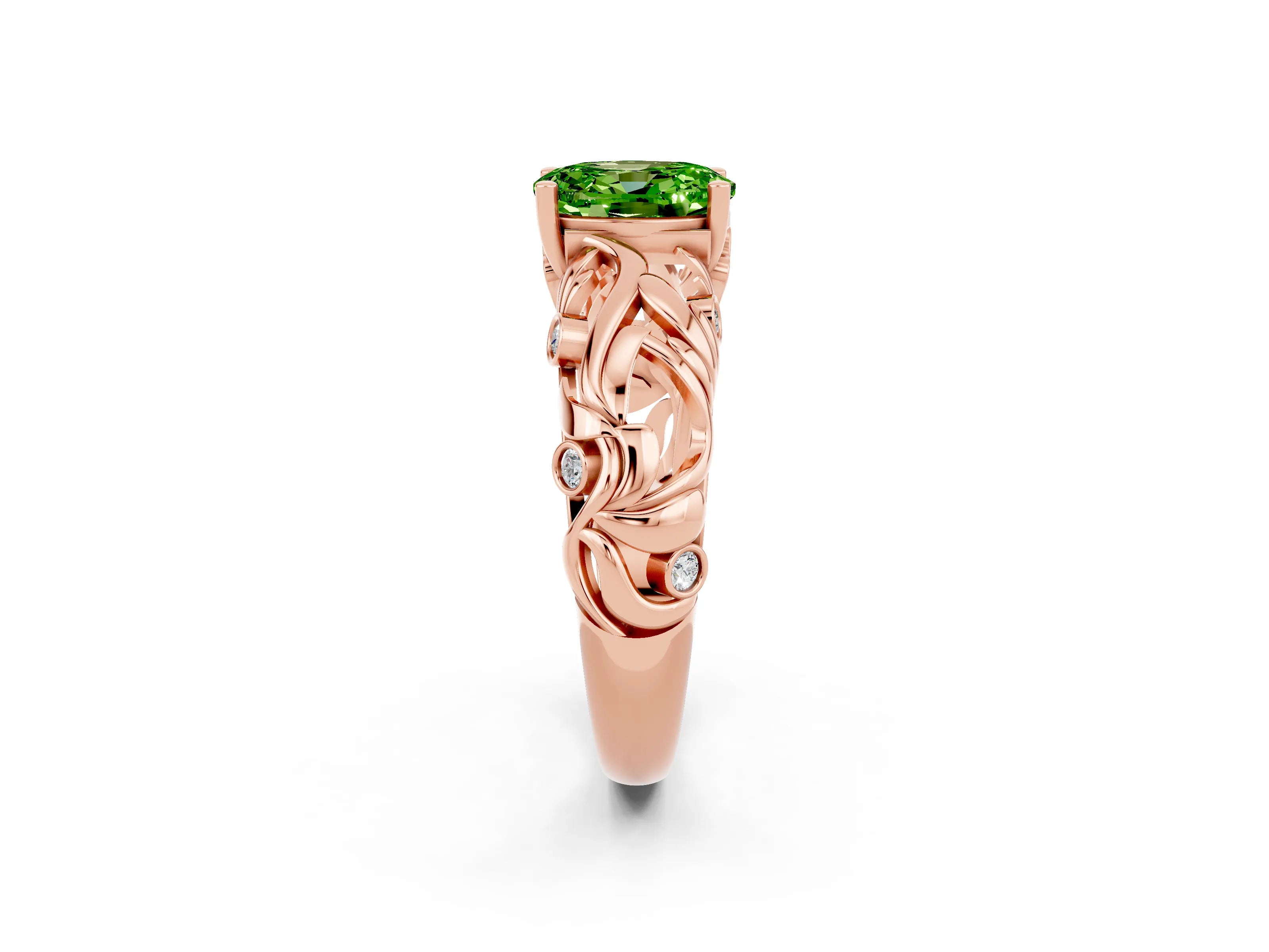 Rose gold Oval Cut Solitaire Peridot Leaf-Inspired Vine Band Ring with Prong Setting_2