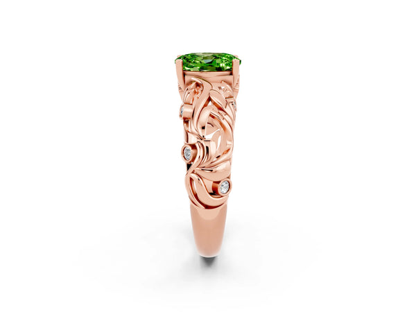 Rose gold Oval Cut Solitaire Peridot Leaf-Inspired Vine Band Ring with Prong Setting